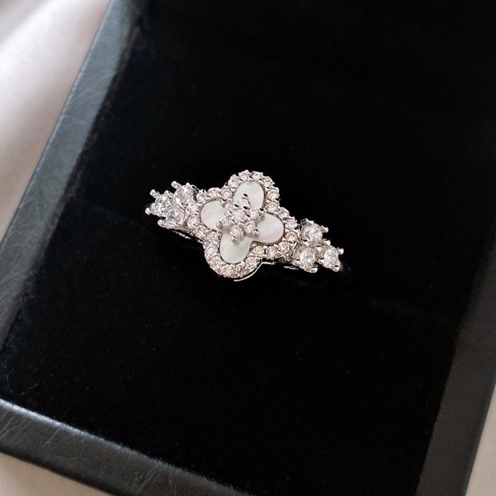 14K WHITE GOLD PLATED CLOVER RING CRYALS MOTHER OF PEARL